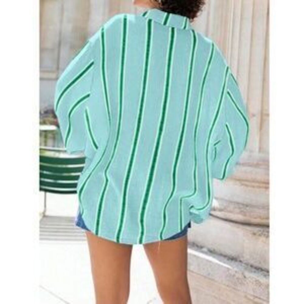 Button-Down Striped Relaxed Shirt - Mint Green - Picture 3 of 5